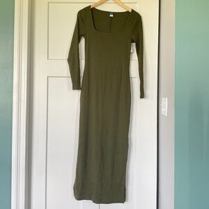 Fitted Rib-Knit Square-Neck Midi Dress Conifer Green
